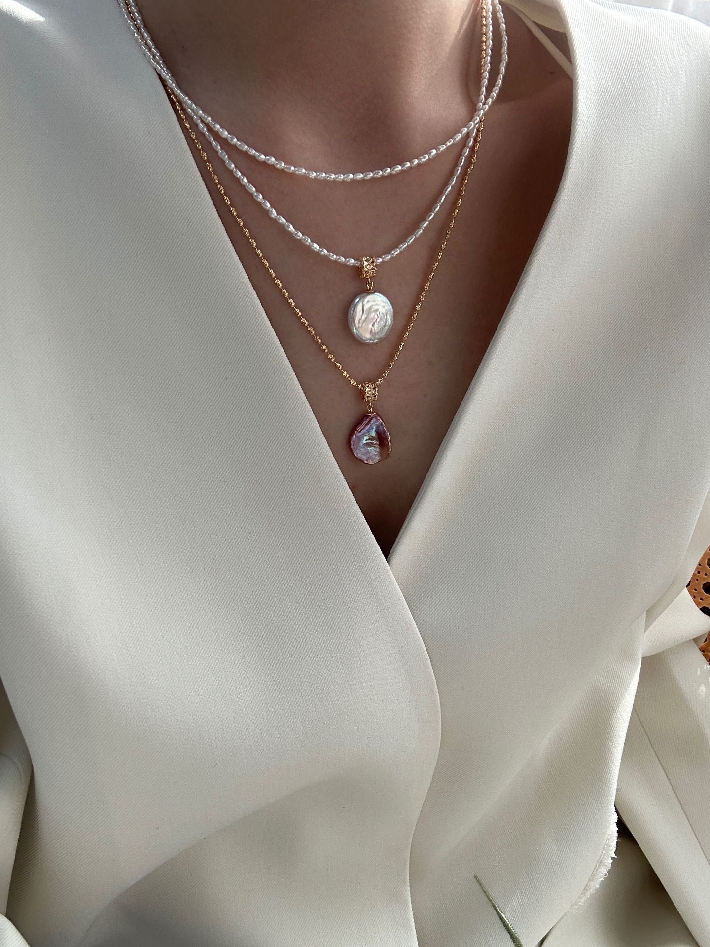 Dainty Freshwater Pearl Strand Baroque Disc Pendant Necklace