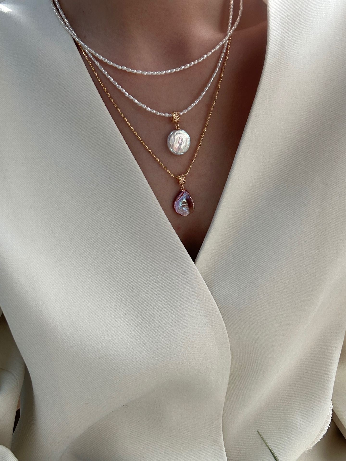 Dainty Freshwater Pearl Strand Baroque Disc Pendant Necklace