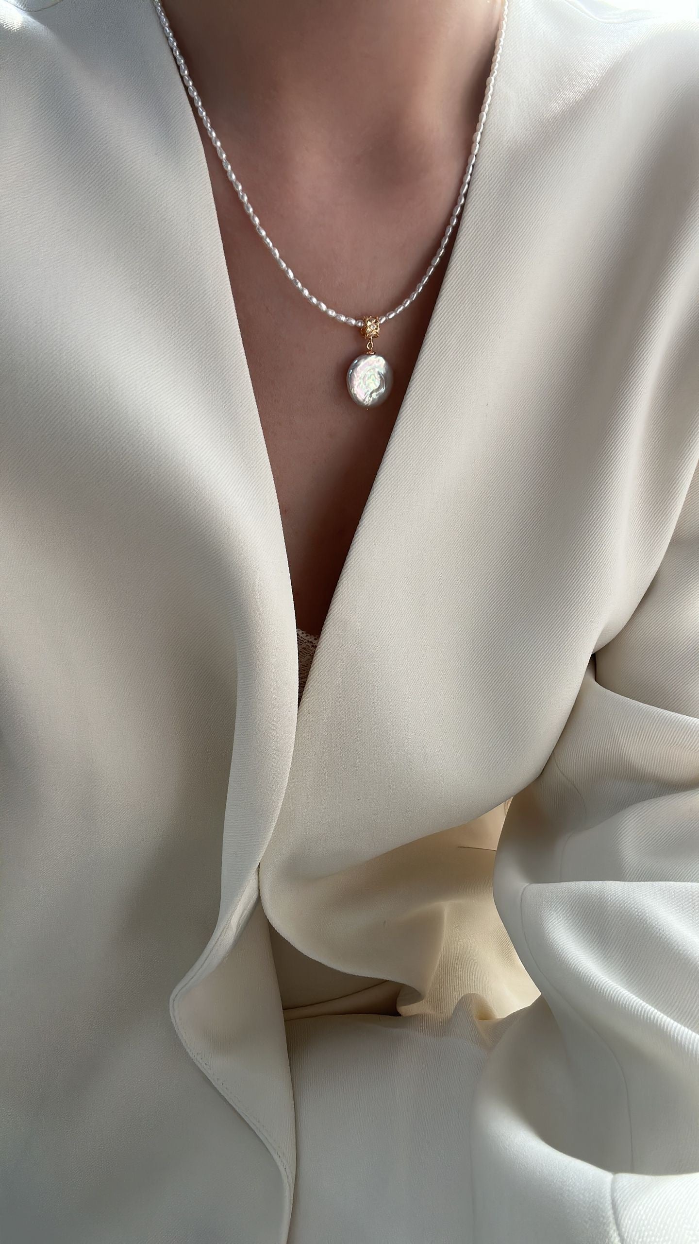 Dainty Freshwater Pearl Strand Baroque Disc Pendant Necklace