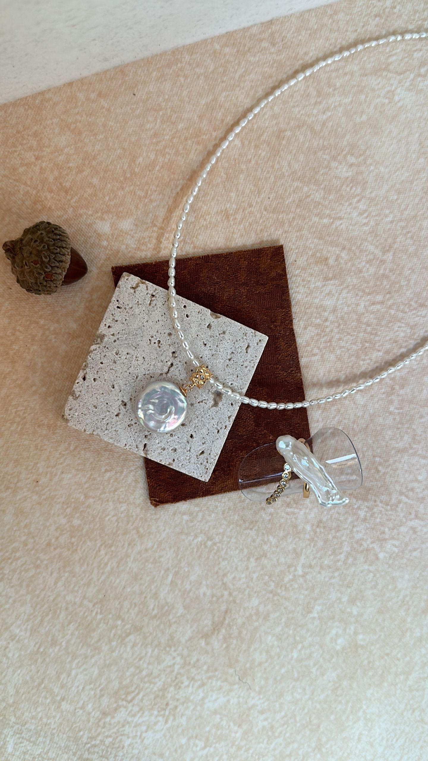 Dainty Freshwater Pearl Strand Baroque Disc Pendant Necklace