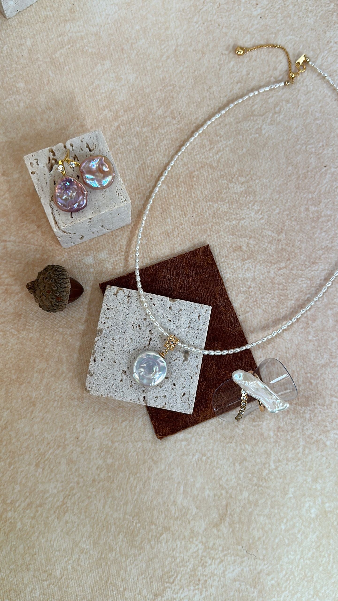 Dainty Freshwater Pearl Strand Baroque Disc Pendant Necklace