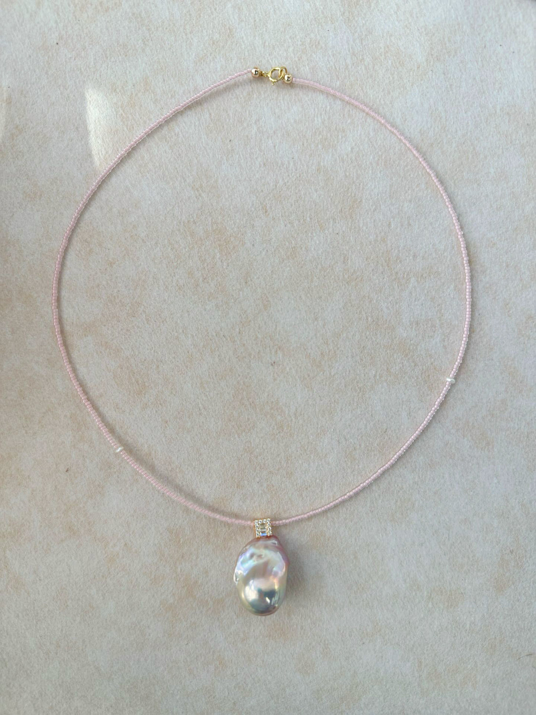 Dainty Pink Micro Seed Bead Chain & Baroque Fairy Pearl Pendant Necklace
