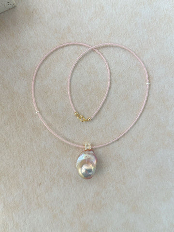 Dainty Pink Micro Seed Bead Chain & Baroque Fairy Pearl Pendant Necklace