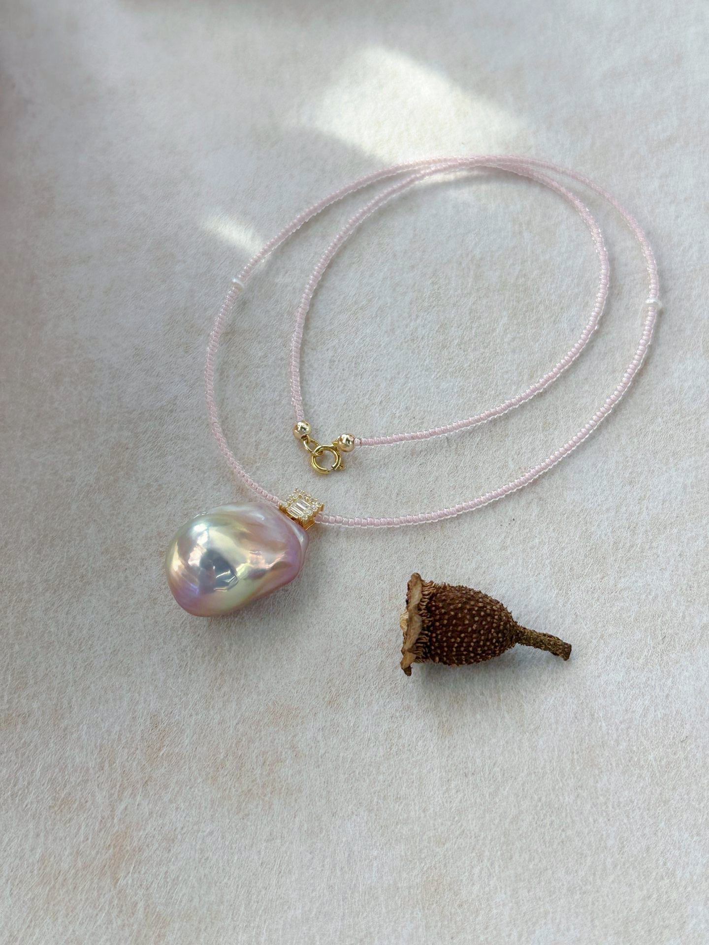 Dainty Pink Micro Seed Bead Chain & Baroque Fairy Pearl Pendant Necklace